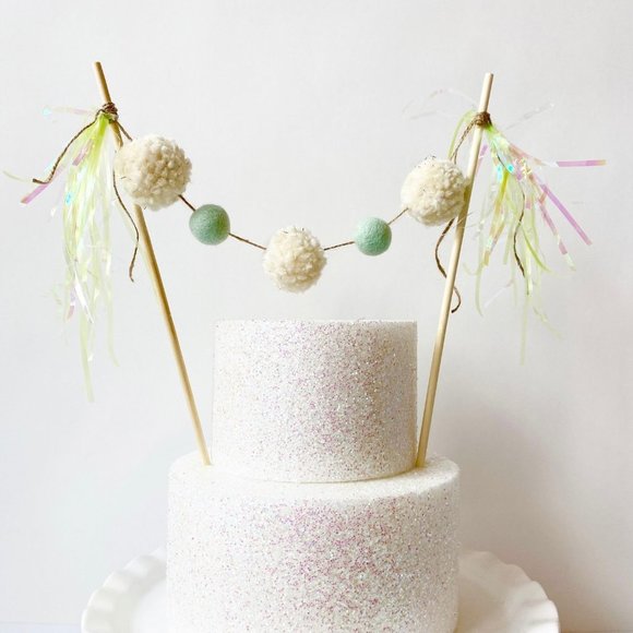 Pastel Green Pom Pom Felt Ball Cake Topper, Birthday Cake Topper Gender Neutral - Picture 2 of 5